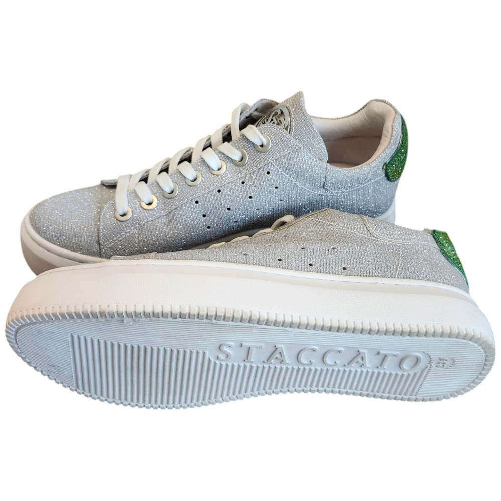Staccato Sparkly Silver Sneakers with FUNKY‎ Green Mouth Design Women’s Sneakers - Picture 9 of 12